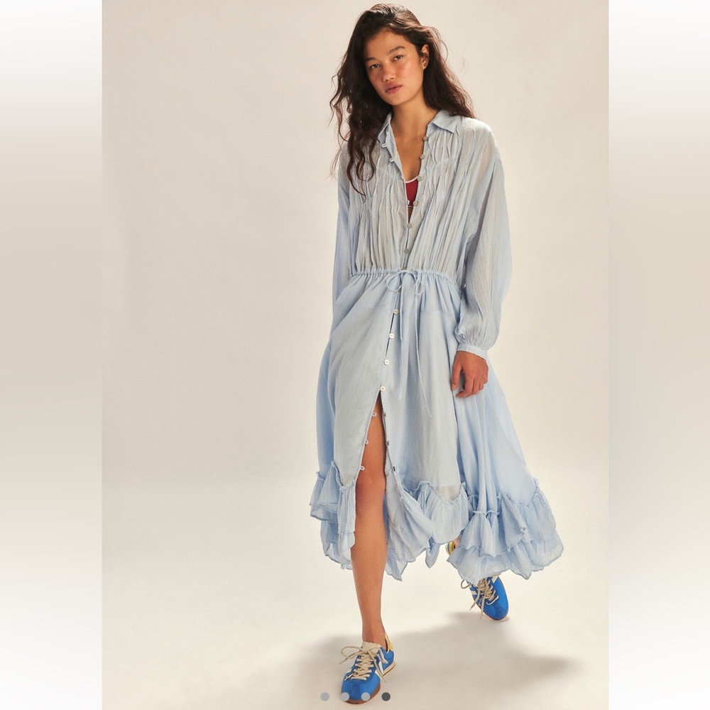 Free People Light Blue Long Sleeve Ruffle MIDI Dress